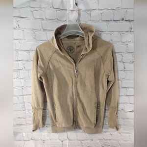 Affliction Womens Grunge Hooded Zip Lace Contrast Cuff Hoodie Medium Beige